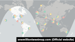 A screenshot from onemilliontweetmap.com displaying the distribution of tweets containing words "omicron" and "hoax" on December 3, 2021.