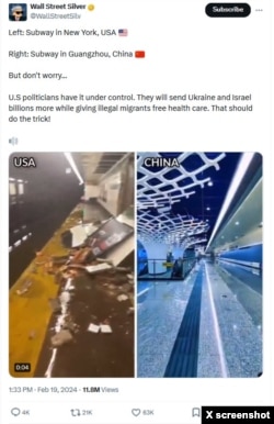 An X influencer posted a video comparison showing a flooded subway labeled USA next to a futuristic video of a metro station marked China.