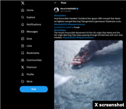 Screenshot of a February 6, 2024, X post, which falsely links footage of the 2021 X-Press Pearl container ship disaster, off the coast of Sri Lanka, to recent Houthi attacks in the Red Sea.