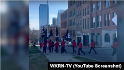 Screen capture from ABC affiliate WKRN-TV's YouTube page, showing the neo-Nazi group Blood Tribe marching in Nashville, Tennessee on February 18, 2024. 