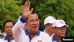 Cambodia’s Prime Minister Hun Sen and president of the ruling Cambodian People’s Party (CPP) at an election campaign for the upcoming national election in Phnom Penh, on July 1, 2023. (Cindy Liu/Reuters)