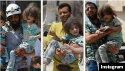 Screen capture from Instagram. Some social media users falsely claim the photomontage depicts staged events in the Gaza Strip. It actually shows a Syrian girl who was rescued in Aleppo, Syria, on August 27, 2016, following an airstrike by government forces. 