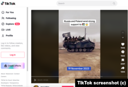 Screenshot of November 19, 2023, post by Tiktoker muyztrx, which uses footage from Ukraine to falsely claim that Russia and Poland have deployed military forces to support the Palestinians.
