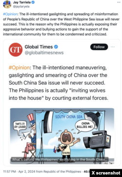 Spokesperson of Philippine Coast Guard commenting on one of many articles by Chinese state sponsored media trying to blame the Philippines; Photo credit: X