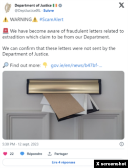 Official statement from Irish government warning about fake letters; Photo credit: X
