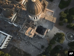 The Odesa Transfiguration Cathedral is seen heavily damaged following Russian missile attacks in Odesa, on July 23, 2023. (Libkos/AP)