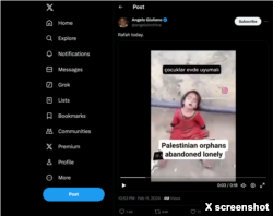Screenshot of February 11, 2024, X post, which falsely claims to show a girl in Rafah, a Palestinian city in the southern Gaza Strip.