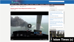 Screen shot from a January 28, 2024, post to the Islam Times, which uses video from the 2021 X-Press Pearl container ship disaster to falsely claim Houthi rebels had successfully struck a U.K. naval vessel in the Red Sea.