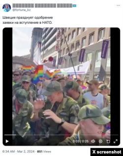 Footage using Swedish service members participating in a Pride parade to characterize the military as “weak” and not a NATO asset; Photo credit: X