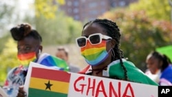 Wilhemina Nyarko attends a rally against a controversial bill being proposed in Ghana's parliament that would make identifying as LGBTQ+ or an ally a criminal offense punishable by up to 10 years in prison in New York on October 11, 2021. (Emily Leshner/AP)