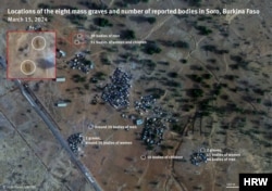 This Planet Labs PBC satellite imagery from March 15, 2024, analyzed by Human Rights Watch, shows six mass graves in the village of Soro, Burkina Faso. Two other mass graves are hidden by the shadows of buildings. (Planet Labs PBC/Human Rights Watch)