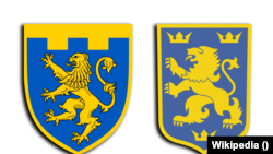 On the left: Shoulder sleeve insignia of the 103rd Detached Territorial Defense Brigade of the Armed Forced of Ukraine (Lviv Oblast). On the right: Shoulder sleeve insignia of the 14th Waffen Grenadier Division of the SS (1st Galician).