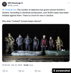 Official post on Russian foreign ministry account propagating the idea Ukraine was launching a “hunt for men”; Photo credit: X