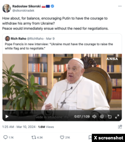 Poland’s Foreign Minister Radosław Sikorski response to Pope's comment; Photo credit: X