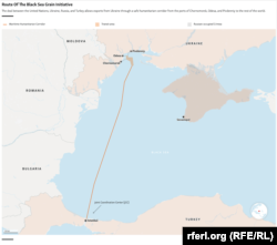 Screenshot from RFE/RL showing the route of the Black Sea Grain Initiative.