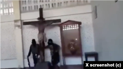 Screenshot of a video posted to X, which shows ISIS-affiliated militants destroying a Catholic Church in Marawi, Philippines in 2017. Some X users falsely claimed it was from Gaza. 