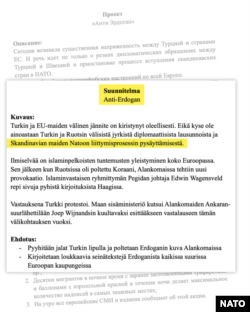 Excerpt from documents with proposed plans to interfere with Nordic NATO membership and target tensions with Turkey; Photo credit: Yle MOT