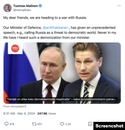 Post falsely characterizing Finnish Defense Minister Annti Hakanen’s speech that outlined Russia’s history of aggression against Ukraine and other nations like Georgia as equivalent to “heading to war with Russia”; Photo credit: X