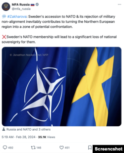 More recent post by Russian Foreign Ministry regarding Swedish NATO membership bid; Photo credit: X