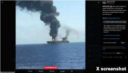 X screenshot from Maram Susli, or “Syrian Girl,” a blue-checked X user, falsely claiming to show a Houthi attack on an "Israeli-linked ship." The image actually shows one of two tankers that was attacked in the Sea of Oman, off the coast of Iran, in June 2019.