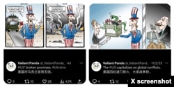 Cartoons by Valiant Panda mocking how U.S. capitalizes on global conflict.
