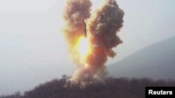 A view shows a missile fired by the North Korean military at an undisclosed location in this image released by North Korea's Central News Agency (KCNA) on March 20, 2023. (KCNA via REUTERS) 