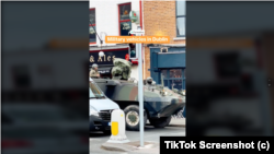 Screen capture from TikTok of an armored personnel carrier traveling in the Dublin suburb of Rathmines, which has falsely been linked to November 23, 2023, anti-immigrant riots in Dublin, Ireland.
