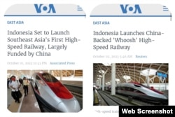 This screenshot shows VOA News Center reports on Indonesia's launch of of the Whoosh high-speed railway on October 2, 2023.