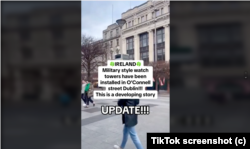 Screen capture from TikTok, falsely claiming that "military-style watch towers" had been set up in Dublin, Ireland, following anti-immigrant riots on November 23, 2023.
