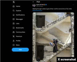 Screen capture of a post from Maram Susli on X, which falsely claims a photograph by Hassan Ghaedi, taken in the city of Homs, Syria, shows a Palestinian woman in Gaza.