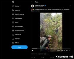 Screenshot from X, showing a November 29 post from blue-checked user EmekaGift100, which passed off footage from Colombia to falsely claim fighting is occurring on the border of Guyana and Venezuela.
