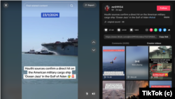 Screen shot of a video posted to TikTok on January 23, 2024, falsely claiming to show the American military cargo ship Ocean Jazz in the Gulf of Aden after an alleged Houthi attack.