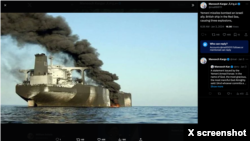 X screenshot from blue-checked X user ma000111, which falsely claims to show a Houthi attack on a British ship in the Red Sea. The photo is actually from October 2002, and shows an al-Qaida attack on a French supertanker.