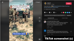 Screenshot from Tiktoker snak.sr, who has recycled old footage to falsely claim that Russia and Indonesia have sent military forces in support of the Palestinians.