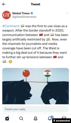 Chinese state-run media tweeted on May 31, 2023 on India and China's visa war over press. The tweet has subsequently been removed.