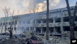 This image taken from video issued by Mariupol City Council shows the aftermath of an attack on Mariupol Hospital on March 9, 2022.