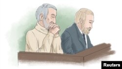 A courtroom sketch of Hamid Nouri sitting next to his attorney, Thomas Soderqvist, during his trial in Stockholm District Court, on November 23, 2021. (Anders Humlebo/TT News Agency/via Reuters)