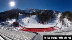 RUSSIA -- A general view from the spectator seating area of the finish area of the Alpine Skiing events of the Sochi 2014 Winter Olympic Games in Rosa Khutor, February 3, 2014