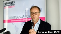 FRANCE -- Reporters Without Borders (RSF) general secretary Christophe Deloire speaks during a press conference to present the watchdog's World Press Freedom Index for 2018, in Paris, April 25, 2018.
