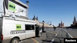 A news van from state-controlled broadcaster Russia Today (RT) parked on Red Square in central Moscow on March 18, 2018. (Gleb Garanich/Reuters)