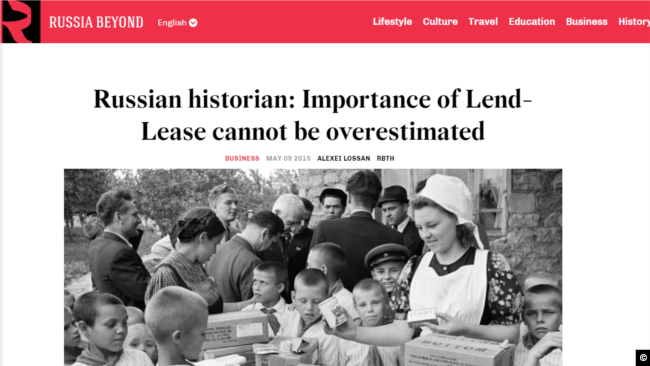 A screen capture of the Russian Beyond the Headlines May 9, 2015 article, "Russian historian: Importance of Lend-Lease cannot be overestimated."