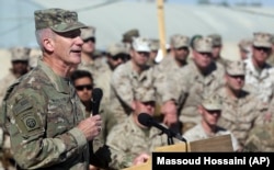 U.S. Army Gen. John Nicholson, the commander of NATO and U.S. forces in Afghanistan, speaks at Shorab military camp, Helmand province, January 15, 2018.
