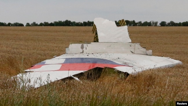 Ukraine -- A part of the wreckage of a Malaysia Airlines Boeing 777 plane is seen after it crashed near the settlement of Grabovo in the Donetsk region, July 17, 2014.
