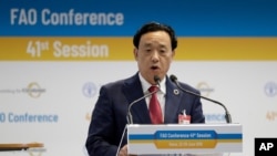 FILE - Qu Dongyu from China addresses a plenary meeting of the 41st Session of the Conference, at the FAO headquarters in Rome, June 22, 2019.
