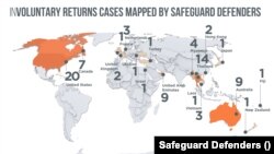 Involuntary returns cases mapped in the report by Safeguard Defenders. (Safeguard Defenders)