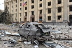 City hall in Kharkiv on March 1, 2022. The building was destroyed as a result of Russian troop shelling. (AFP)