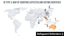 Countries where China agents allegedly used kidnapping to force "fugitives" back home. (Safeguard Defenders)