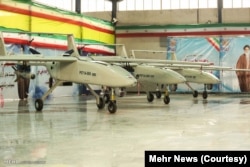 Iranian Mohajer-6 drones can be seen on display in Iran in this photo published in 2018. (Mehr News)