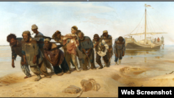 "Barge Haulers on the Volga or Burlaki" is an 1870–1873 oil-on-canvas painting by artist Ilya Repin. (Russian Virtual hublic Museum) 