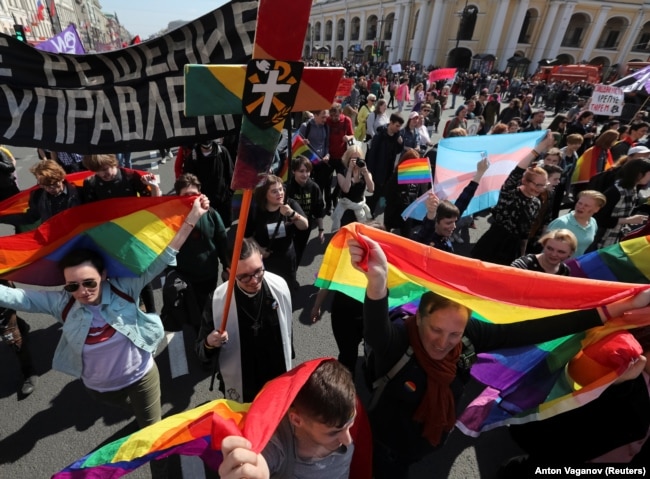 RUSSIA -- Activists from the local LGBT community attend a May Day rally in St. Petersburg, May 1, 2019